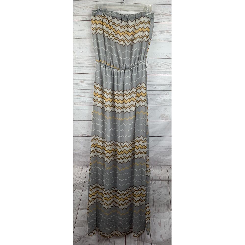 CHARLEE Maxi‎ Dress Womens small Yellow/Gray chevron print Strapless